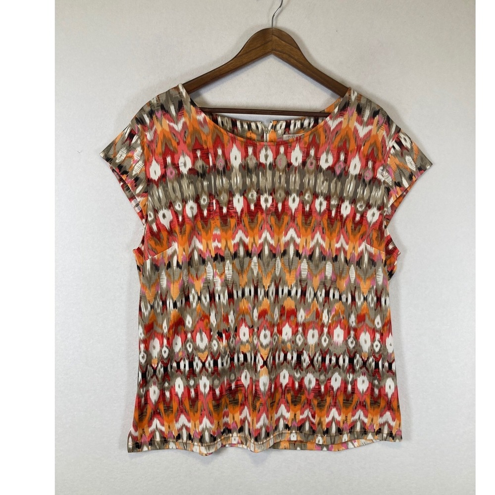 Boho Ikat Print Toz & Ali Women XL Orange Cap Sleeve Zipper Back Blouse Top